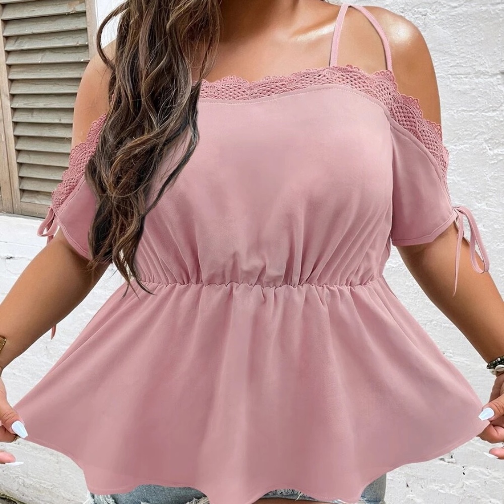 Plus Cold Shoulder Lace Blouse Navy Blue - Picture 6 of 14
